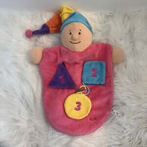 VTG Nuk Baby Toy Plush Striped Hat Shapes Numbers Pink Pouch Play HTF